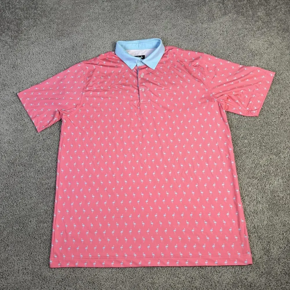 Waggle Polo Shirt Mens XL Pink Blue Performance Flamingo Stretch Golf Print - Picture 2 of 11